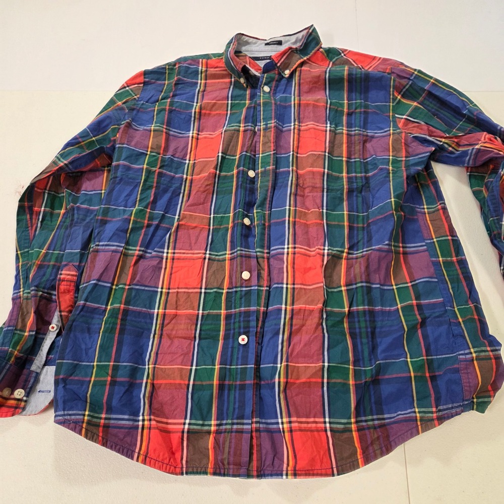 Tommy Hilfiger Mens Large Classic Fit Plaid Button Down Shirt Multicolor Cotton